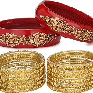 Colorful Glass Bangles/Kada Set Combo Ornamented With Colourful Chips & Beads_D580 (AkBang2-FJ1.d_bang)
