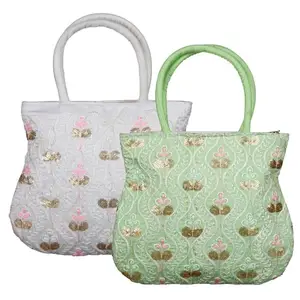 Kuber Industries Hand Bag|Traditional Hand Bag|Silk Wallet Hand Bag|Woman Tote Hand Bag|Ladies Purse Handbag|Gifts Hand Bag|Curved Shape Embroidery Hand Bag|Pack of 2|Multi