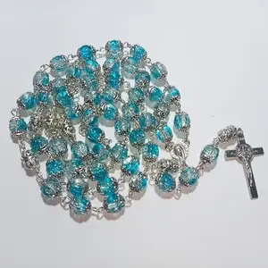 Handmade Catholic Rosary, Blue Crackle Glass Beads with Silver Filigree, Crucifix Cross Pendant