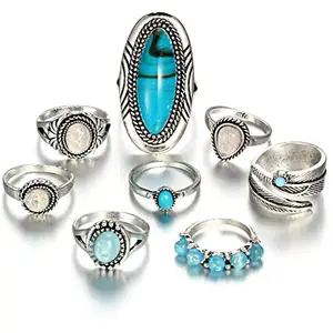 Jewels Galaxy Jewellery For Women Set of 8 Silver Plated Turquoise Contemporary Finger Ring (JG-PC-RNGE-2708)
