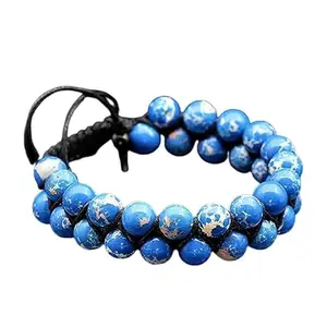 Lady Works Natural Blue Imperial Agate Threaded Double Layer Bracelet 8mm Round Smooth Beads Blue Imperial Agate Adjustable Thread Bracelet. Unisex Macrame Yoga Bracelet.|LW_TDBR_0061