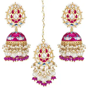 Peora Traditional Gold Plated Rani Pink Jhumki Earrings with Maang Tikka Jewellery Set for Women Girls