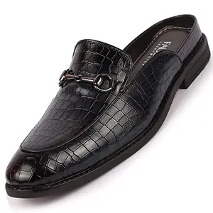 FAUSTO NFST FOSME-2012 BLUE-43 Men Embossed Leopard Print with Horsebit Buckle Ethnic Party Back Open Slip On Mules Shoes (9 UK)