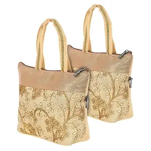 Kuber Industries Polyester Embroidery Design Hand Bag For Women/Girls With Handle Pack of 2 (Cream) 54KM4029