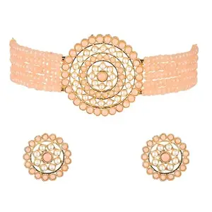 MAD CLUB - When fashion is mad Mad Club Artificial Stone&Moti Jewellery Set for Womens and Girls with Elegant Design | Comfortable Lightweight Handcrafted Necklace Set for Weddding, Parties, Functions (RoundChoker-Peach)