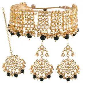 I Jewels Gold Plated Traditional Black Pearl Drop Kundan Choker Necklace With Earrings And Maang Tikka Jewellery Set For Women (K7069B)