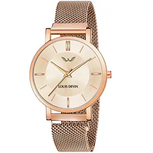 LOUIS DEVIN LD-RG137-RG Rose Gold Dial and Band Metal Mesh Chain Analog Stainless Steel Wrist Watch for Women