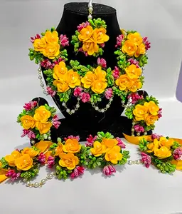 Handcrafted Floral Jewelry Set with Yellow Roses, Pink Flowers, Pearl Beads, Traditional Wedding Necklace, Earrings, Maang Tikka