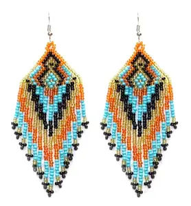 Handmade Long Beaded Dangle Earrings – Boho Native Handmade Seed Bead Tassel Bohemian Large Statement Drop Fringes for Women (pattern11)