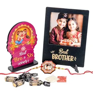 AJANTA ROYAL Personalized Rakhi Gift Hamper with Photo Rakhi, Custom Table-Top Frame, Best Brother Sister MDF Standee for Raksha Bandhan (Rakhi Set-06)