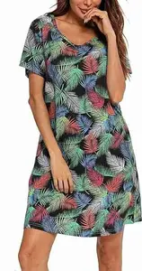 DIVYASTRI FASHION Women's Summer Nightgown, Short Sleeve V-Neck Tropical Palm Print Dress, Casual Loose Fit, Multi-Colour (in, Alpha, S, Regular, Multicolor)