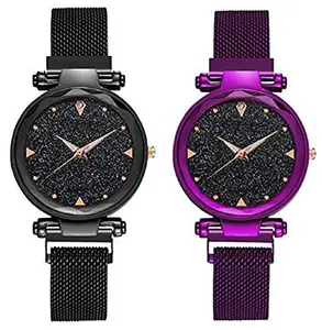 TFS Casual Designer Black Dial Combo of Magnet Watch for Girls & Women Purple & Black