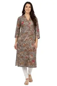 Women’s Grey Floral Printed Straight Kurta | Cotton Blend Ethnic Kurti for Women | 3/4 Sleeve Casual Kurta