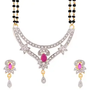 KENNICE Traditional White & Gold American Diamond Gold-Plated Mangalsutra with Earrings Jewellery For Women