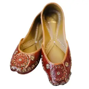 Loryphilory Women's Brown Leather Jutti with Handcrafted Golden Embroidery | Traditional Ethnic Flats for Festive and Casual Wear