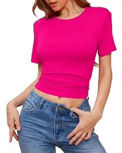 Women's Fitted Crop Top Fashion Workout Shirts Tight Cotton Tee Scoop Neck Short Sleeve VG15 1120 (3XL, DPK)