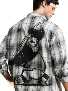 The Souled Store Kung Fu Panda: Action Men and Boys Long Sleeve Spread Collar Grey and White Embroidered Lightweight Easy to Style Everyday Office Wear Casual Cotton Relaxed Shirt
