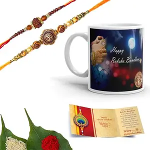 Chinove Om and Rudraksh Elegant Design Handmade Rakhi’s for Brother and Bhabhi Set of 2 with Wishing Card, Roli Chawal and Printed Ceramic Mug (SM19)