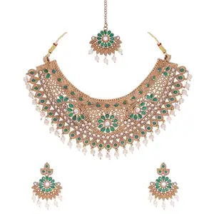 Traditional Gold Polish Kundan & Pearl Studded Necklace Choker Jewelry Set with 1 pair of Earring and Maang Tikka For Women & Girls - Bridal Wear(AB_Desi-Mendi Gold-Green)
