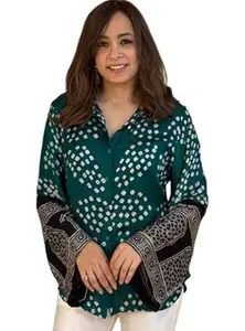 Women's Printed Shirt, Bell Sleeves with Embroidered Cuffs, Collared Neck, Button Front, Casual Ethnic Style
