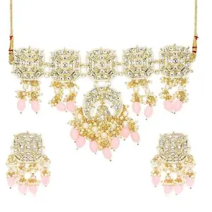 OOMPHelicious Jewellery Pink Beads & Kundan Ethnic Jadau Necklace Set with Drop Earring For Women & Girls Stylish Latest (CN^EAR-NEIY1_CC1)