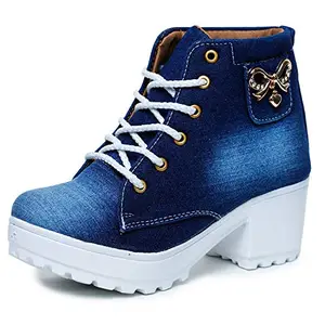 BOOTCO Boot Shoes for Women & Girls Denim or Jeans Shoes for Ladies HIgh Ankle Heel Shoes for College