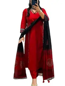 MEERA FAB Women Floral Printed Pure Cotton Straight V-Neck Kurta with Palazzos & Dupatta