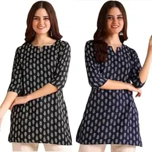 MS VHCK ENTERPRISE Women's Cotton Printed Short Kurti, Round Neck, Three Quarter Sleeve, Straight Fit, Pack of 2