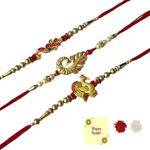 Avanti Creations Peacock Rakhi for Brother Mor Pankh Rakhi for Bhaiya Set of 3 for Bhai Boy Kids Combo for Rakshabandhan, with Fridge Magnet for Door Decor