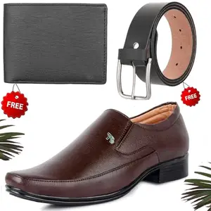 Vitoria Men's Unique PU Formal/Party Shoes | Shoes Combo with Free Wallet & Belt | Stylish & Comfortable | Ideal for Office, Casual Outings, Parties (5765_VTOR-BLK-2006) (Multicolor)(Size: 10UK)