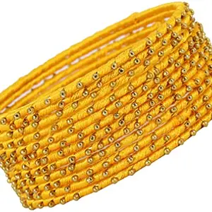 NMII Non-Precious Metal with Silk thread and Linked with Ball stone Glossy Finished Bangle Set For Women and Girls, (Yellow_2.8 Inches), Pack Of 12 Bangle Set
