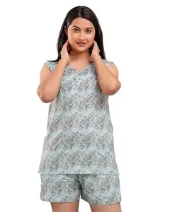 Women's Cotton Printed Night Wear Suit Set | Top & Short Sleeve Kurta Women's Lounge Wear Set (in, Alpha, S, Regular, Grey)