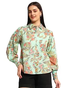 Ravaiyaa - Attitude is everything Women 100% Cotton Printed Relaxed Fit Full Puff Sleeves Spread Collar Neck Shirt (Sea Green Floral)