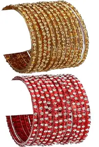 Somil Combo Of Designer Wedding & Party Colorful Glass Kada/Bangle Set, Pack Of 24, Golden,Red