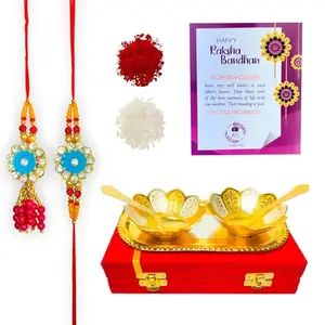 Piepot Premium Rakhi for Brother and Bhabhi with Gift Silver and Gold Plated Floral Shape Bowl and Spoon Set with Red Velvet Box |Bhaiya, Bhabhi Rakhi with Roli Chawal for Bro, Brother, Bhai