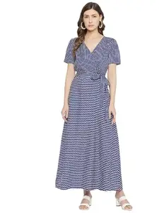HELLO DESIGN Women Solid Fit Chevron Print Belted A-Line Maxi Dress (XX-Large, Blue)