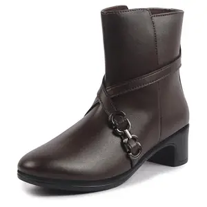 FAUSTO FST KI-173 BROWN-37 Women Brown High Ankle Elegant Slip On Winter Boots|Flared Heel Casual Shoes for Work|Office (4 UK)