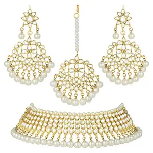 Peora 18K Gold Plated Indian Ethnic Kundan Pearl Fancy Bridal Traditional Necklace Jewellery Set with Earrings for Women