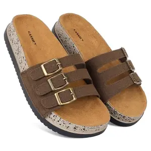CASSIEY Cork Slippers For Women, Stylish Sandal With Adjustable Strap, Comfortable Slippers, Women triple Strap Sansals- Coffee