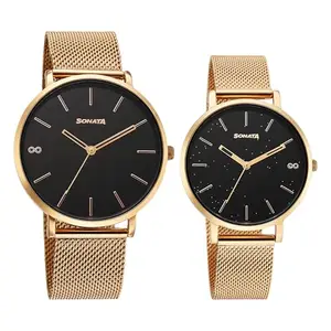 Sonata Soulmates Quartz Black Round Dial Men and Women Pair Watch | Stainless Steel Strap Material | Watches for Men and Women Analog - 7715087073WM01