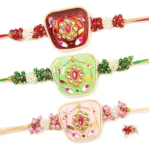 To The Nines Rakhi for Brother - Pack of 3 Kundan Rakhi with Tilak Material and Greeting Card