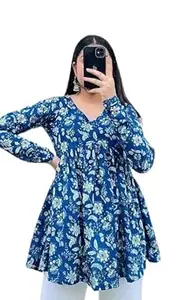 Women’s Floral Print Short Viscose Rayon Kurti for Girls | Regular Wear Flared Tunic Top 3/4 Sleeves V-Neck Top for Women | Short Kurtis for Women