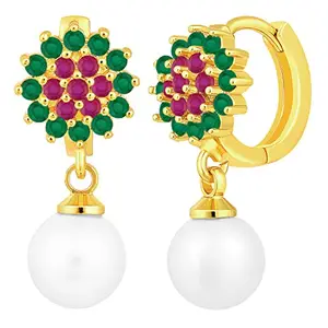 Peora Green & Pink CZ Studded Gold Plated Hoop & Drop Earrings Stylish Fancy for Daily/Office/Work Jewellery for Girls and Women
