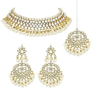 Peora 18K Gold Plated Kundan Pearl Choker Necklace Earring Mang Tikka Traditional Jewellery Set for Women Wedding (White)
