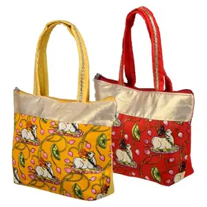 Kuber Industries Women's Hand Purse | Traditional Mini Hand Bag | Silk Wallet Hand Bag | Woman Tote Hand Bag | Gifts Hand Bag | Cow-Small Hand Purse | Pack of 2 | Multi