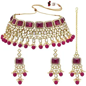 Peora Traditional Rani Pink Crystal Choker Necklace Earring Maang Tikka Jewellery Set for Women Girls