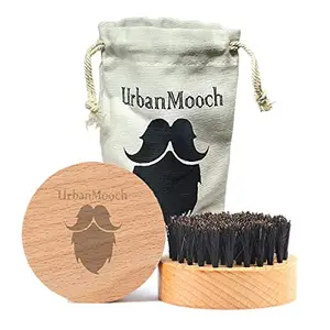UrbanMooch Round 100% Boar Bristle Beard Brush And Mustache Brush Made With Beechwood Handle For Men For A Healthy Beard & Styling - Pocket/Compact Size