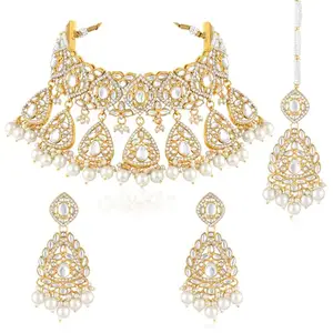Peora Gold Plated Kundan & White Beads Studded Necklace Dangle Earrings Maangtikka Ethnic Jewellery Set Gift for Women
