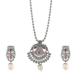 Mansiyaorange Oxidized Floral Motif Chain Pendant With Earrings