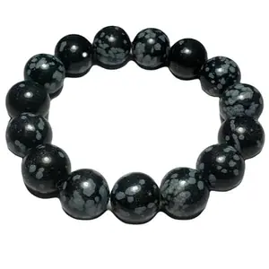 RRJEWELZ Natural Snowflake Obsidian 12mm Round Shape Smooth Cut Beads 7 Inch Stretchable Bracelet for Men & Women.|STBR_RR_08288_7.0
